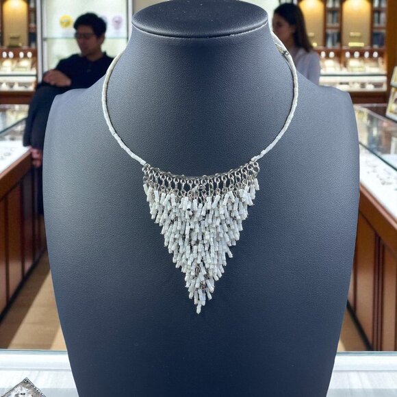 White Beaded Fringe Statement Necklace Boho Festival Tribal Inspired Jewelry 14" - Picture 1 of 6